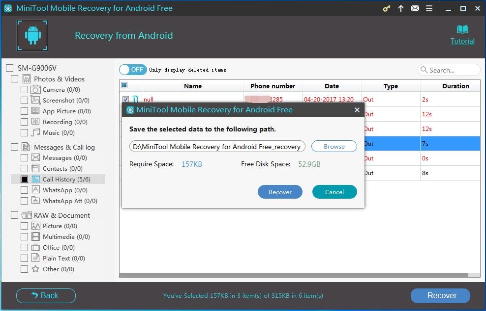 Minitool android data recovery. Call log recovery.