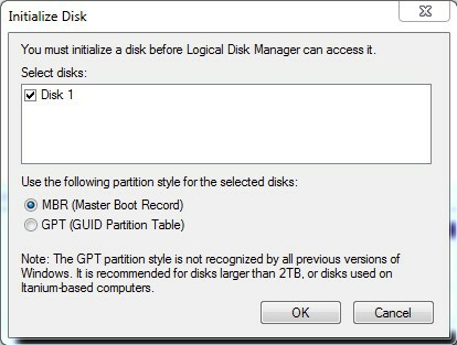 initialize hard disk to MBR or GPT in Disk Management