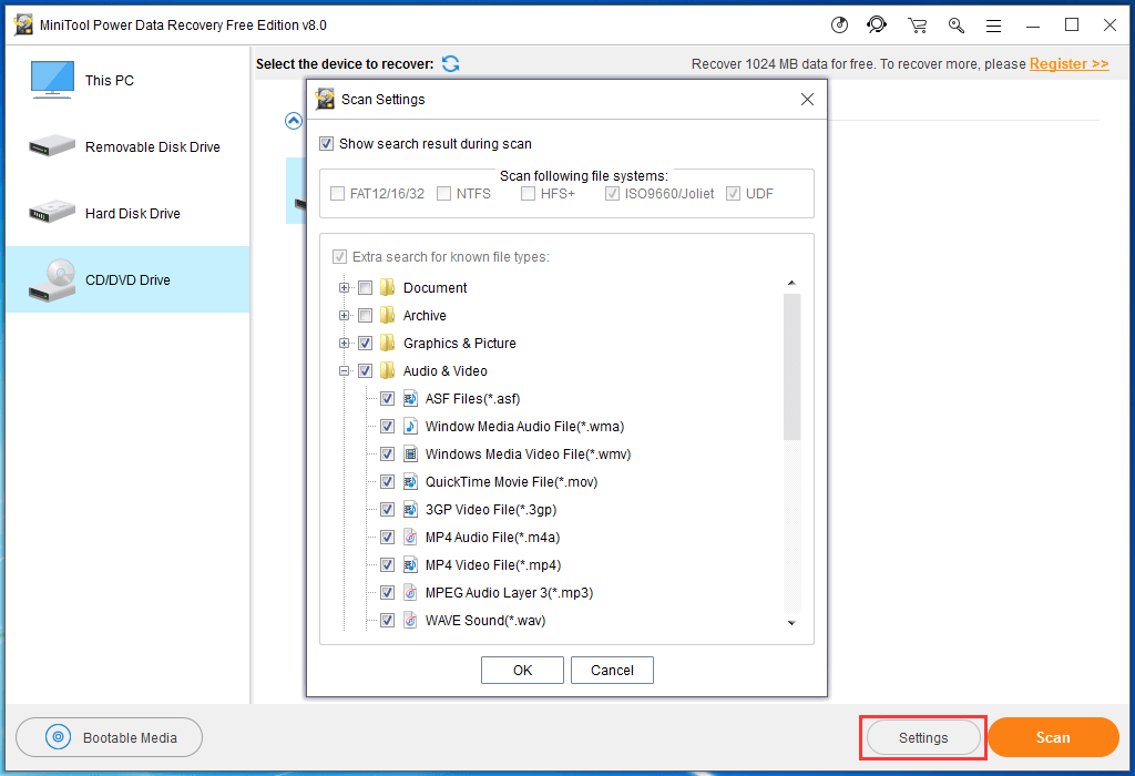 use settings function to choose the data type you want to recover
