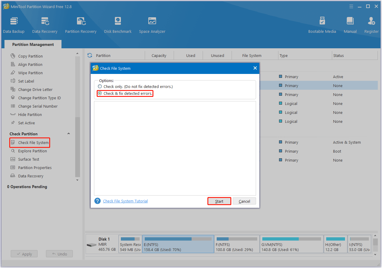 Check File System using MiniTool Partition Wizard