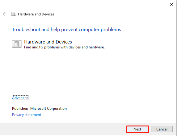 run the Hardware and Devices troubleshooter