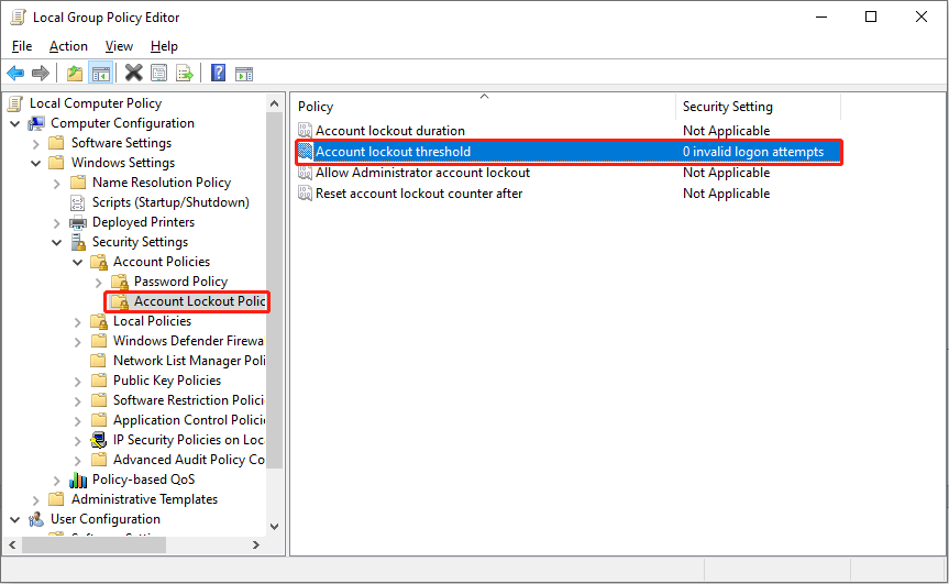 выберите политику порога блокировки учетной записи
