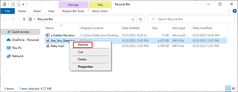 restore deleted voice recordings from the Recycle Bin