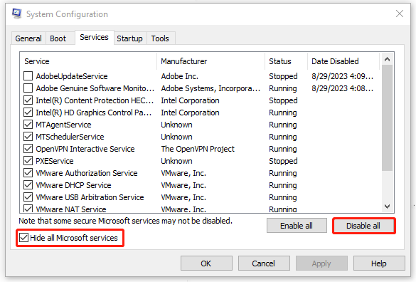 click Disable all