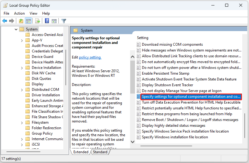 Specify settings for optional component installation and component repair
