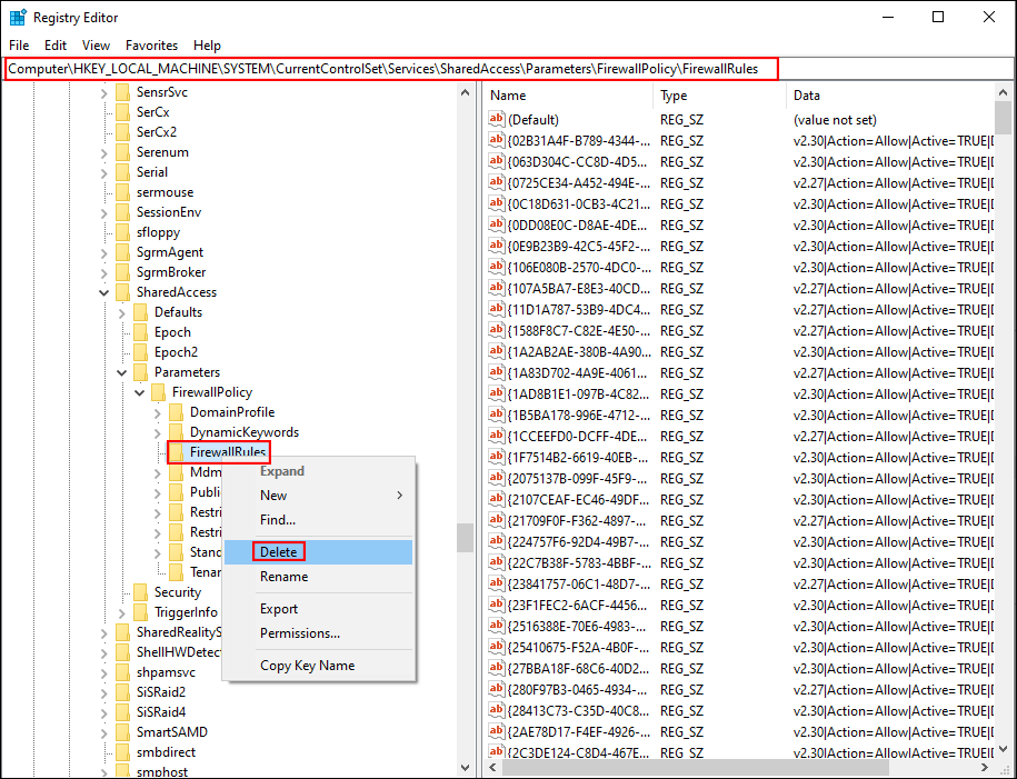 удалите ключ FirewallRules