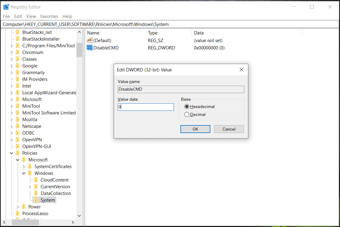 Command Prompt Telah Dinonaktifkan oleh Administrator Anda 7 Nonaktifkan kunci CMD di editor registri