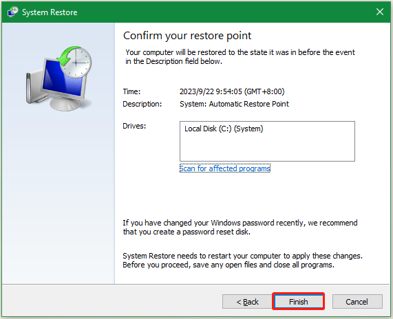 confirm the restore point