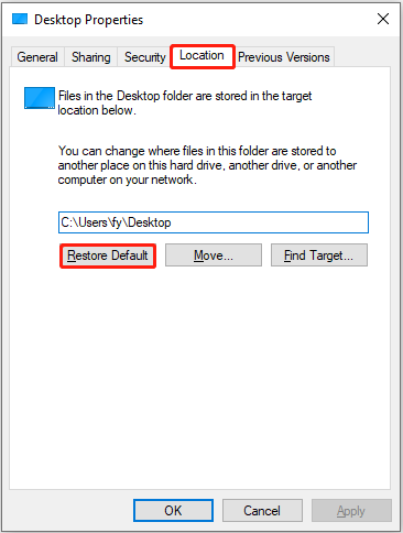 restore the desktop location to default
