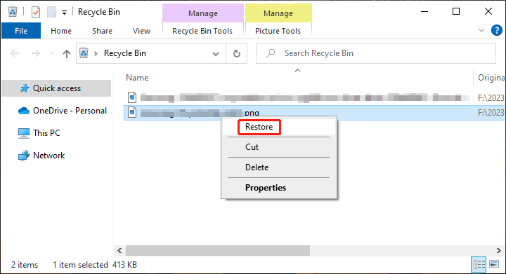 restore a deleted file from the Recycle Bin in Windows