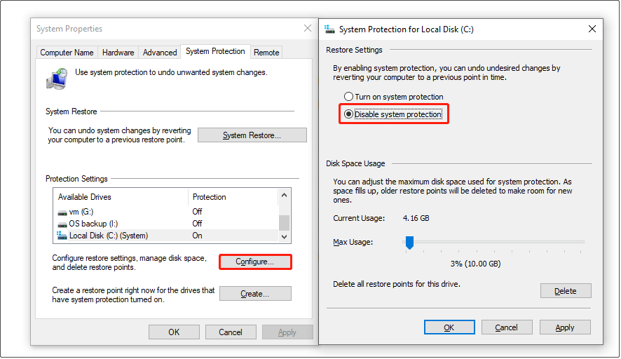disable system protection