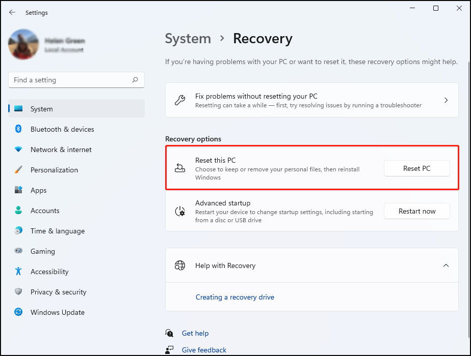 Bagaimana Cara Memperbaiki Masalah Hilangnya Pemecah Masalah Daya Windows 11? 7 klik Setel Ulang PC