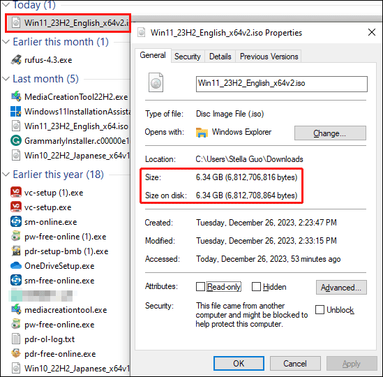 Windows 11 23H2 size, downloaded ISO file