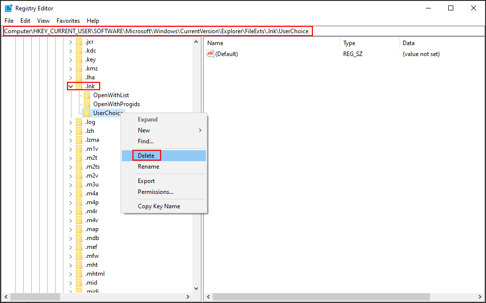 Bagaimana Memperbaiki Pintasan Desktop Tidak Berfungsi di Windows? 7 hapus kunci Pilihan Pengguna