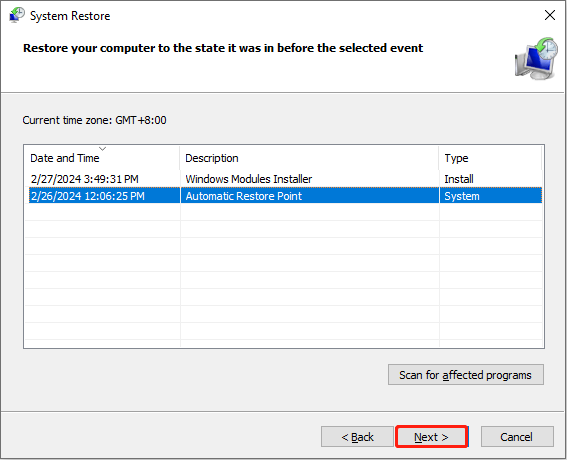 Bagaimana Memperbaiki Pintasan Desktop Tidak Berfungsi di Windows? 9 pilih titik pemulihan sistem