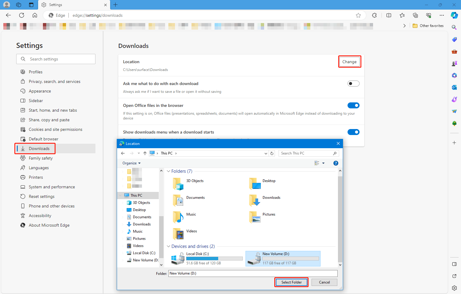 select the Downloads folder to set it as the Downloads folder in Edge