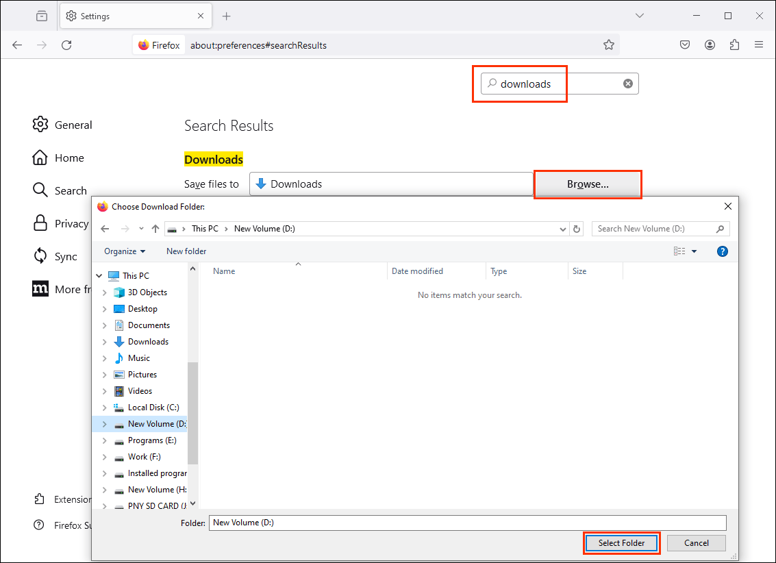 select the Downloads folder to set it as the Downloads folder in Firefox