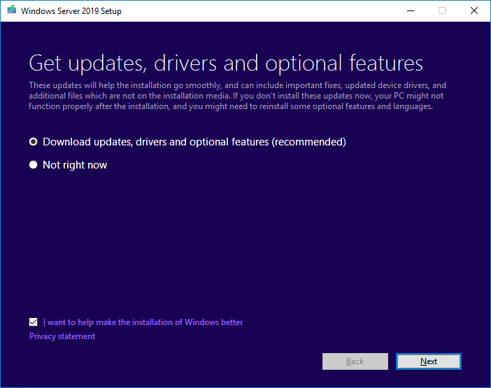 choose Download updates, drivers, and optional features (recommended)