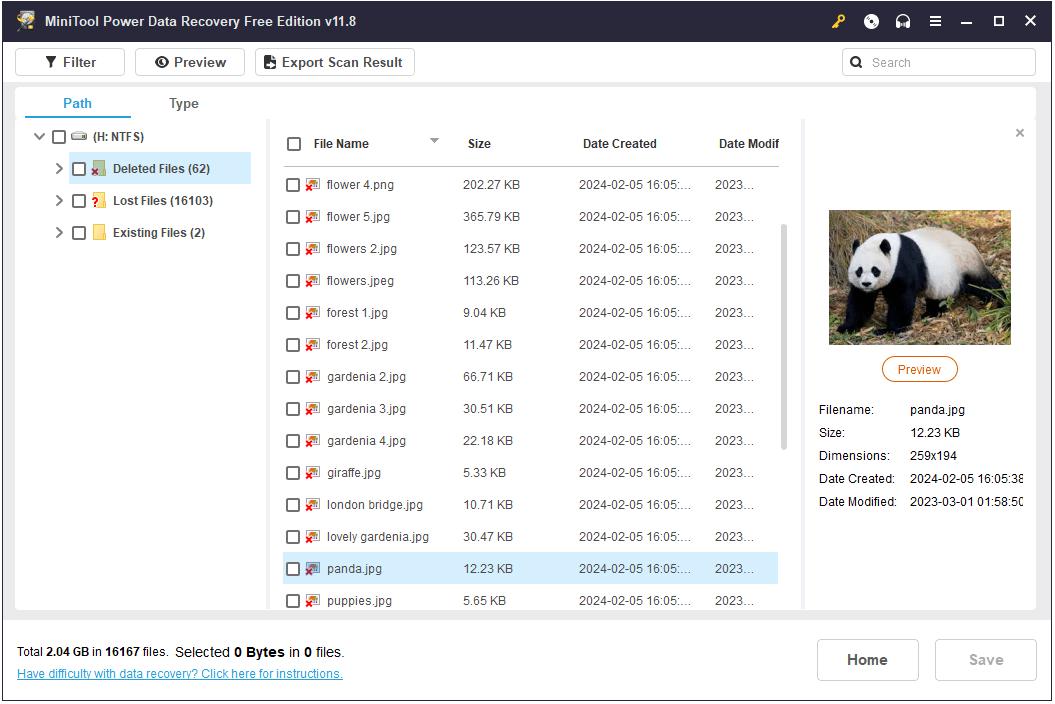 the scan result page of MiniTool Power Data Recovery