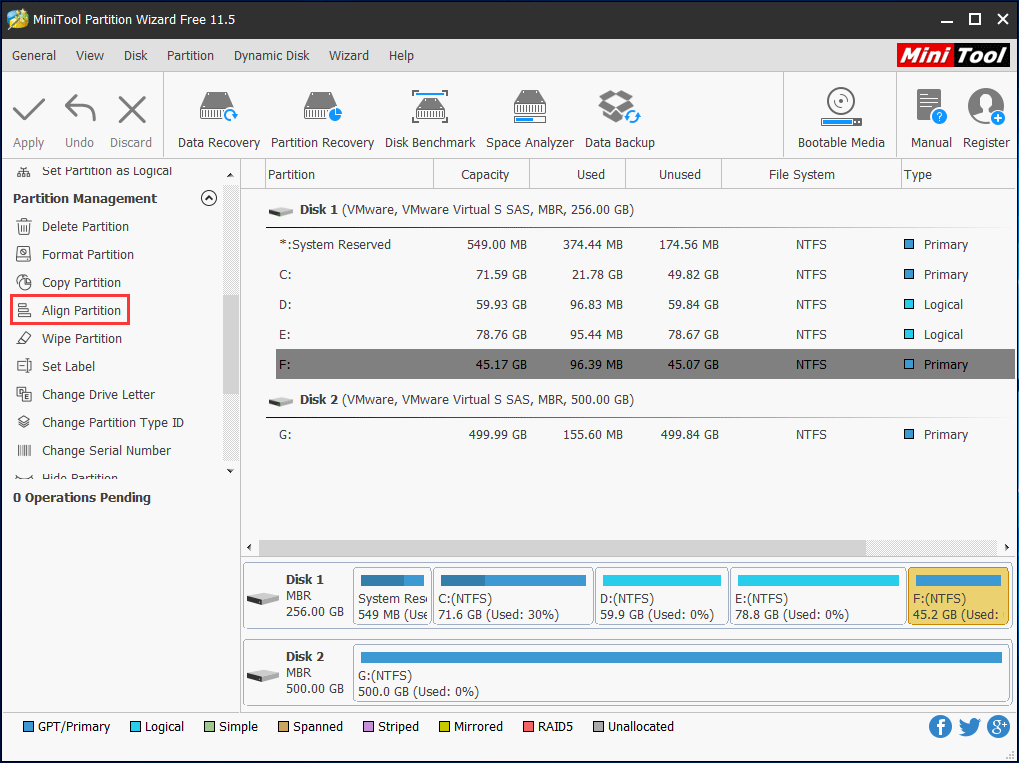 align a partition with MiniTool Partition Wizard