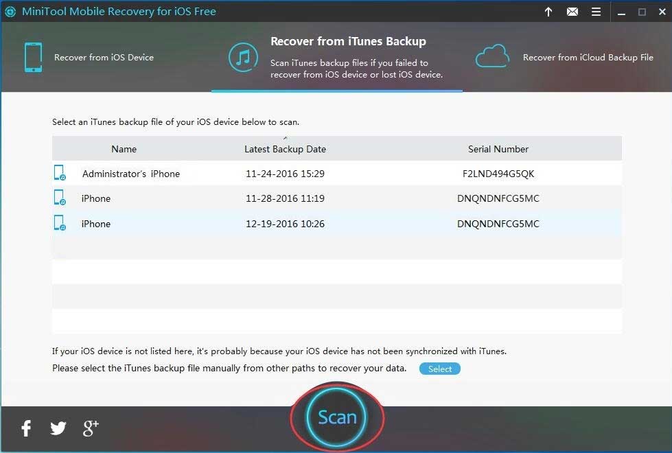 click Scan to scan the target iTunes backup file