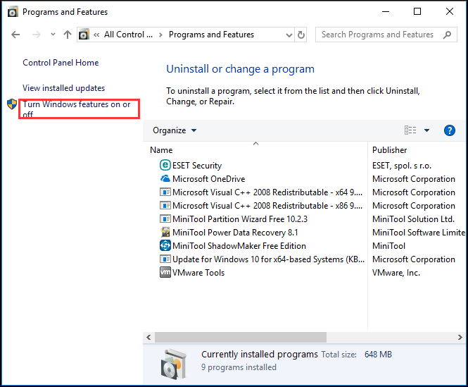 click Turn Windows features on or off