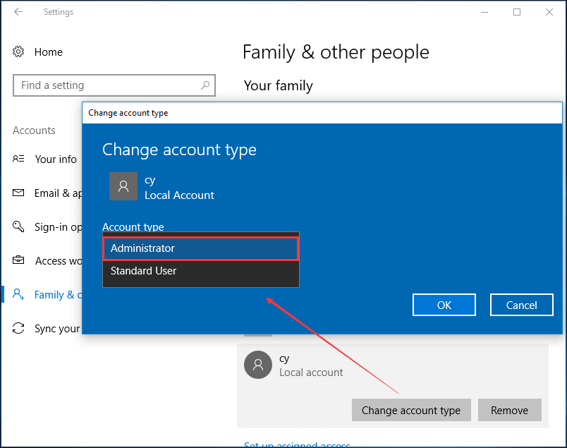change account type to administrator