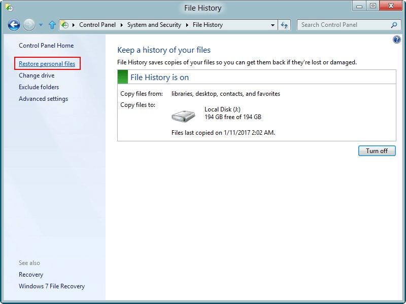 select the Restore personal files option