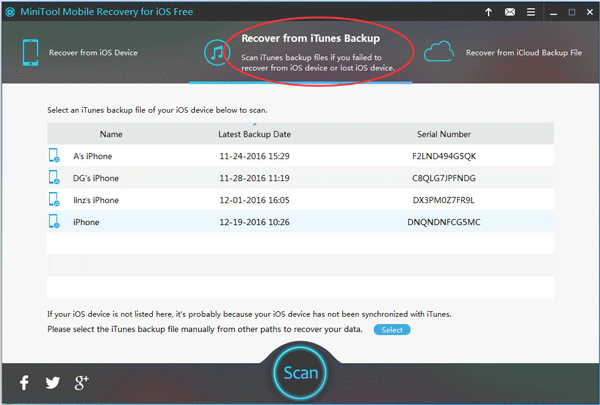 choose Recover from iTunes Backup File
