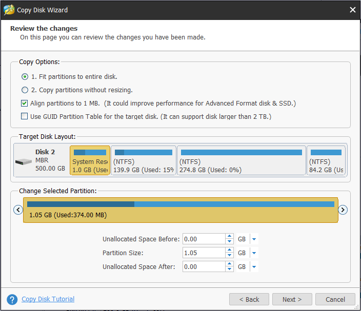 choose one copy option for disk cloning