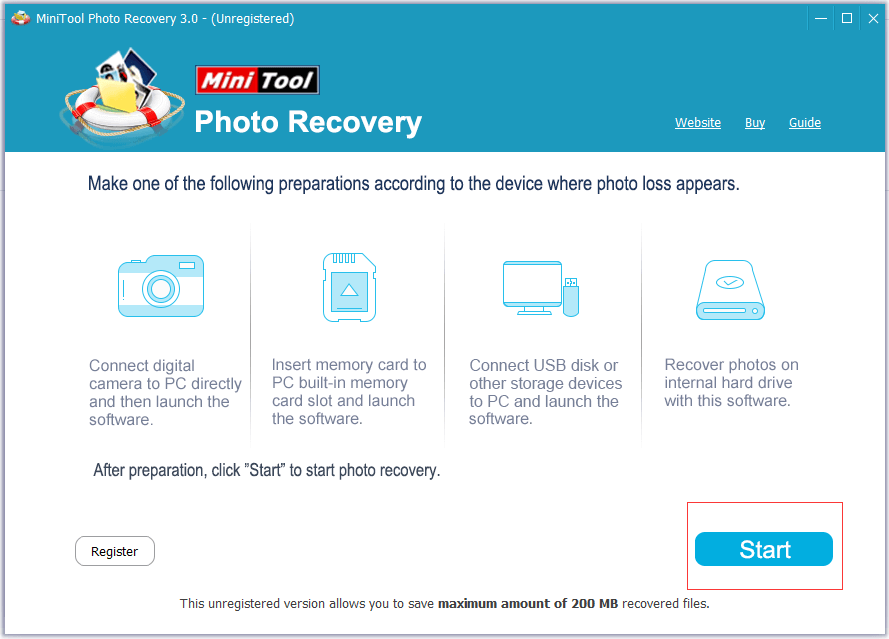 click start to start photo recovery on sd card
