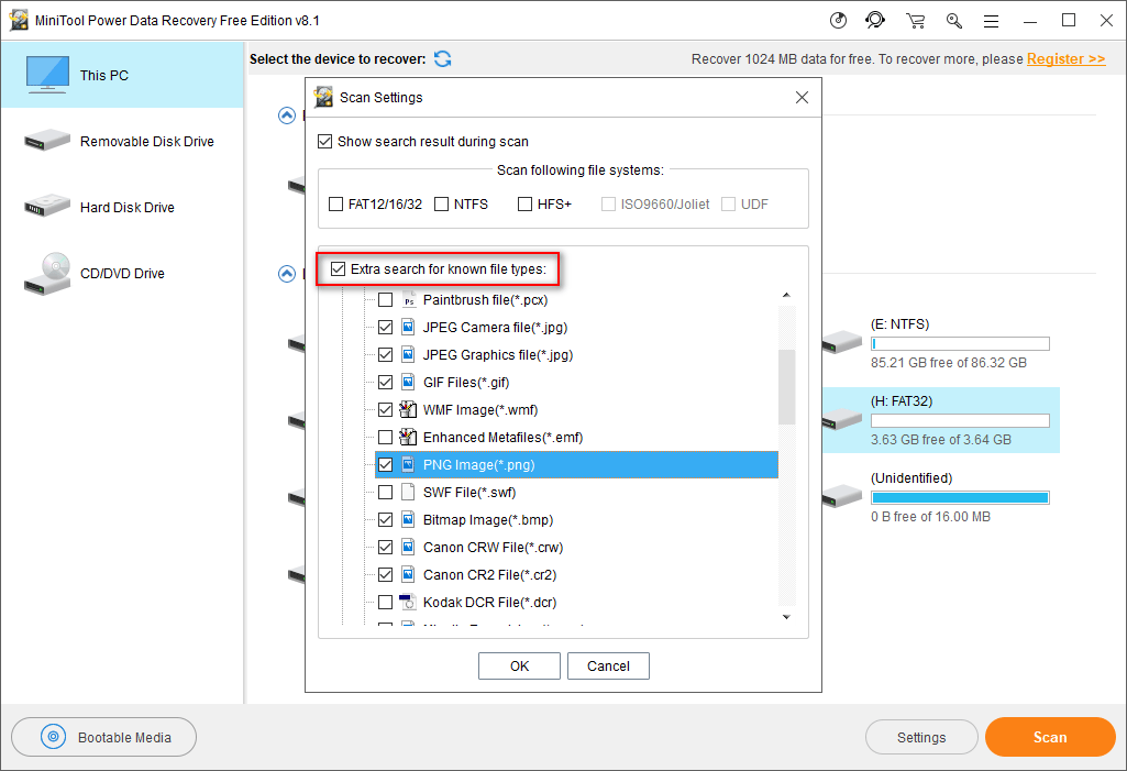 click on Settings to check file types