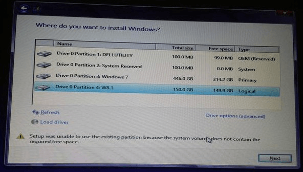 Setup was unable to use the existing partition