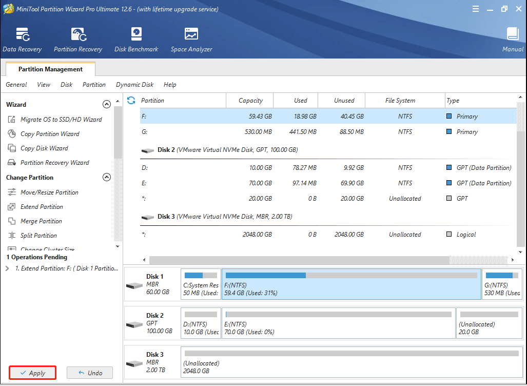 choose Apply button to extend system partition