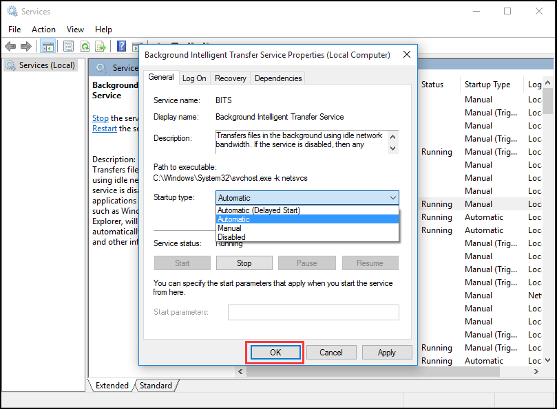 set BITS Startup type to Automatic