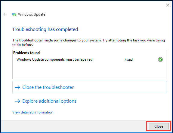 click close to exit Windows Update Troubleshooter