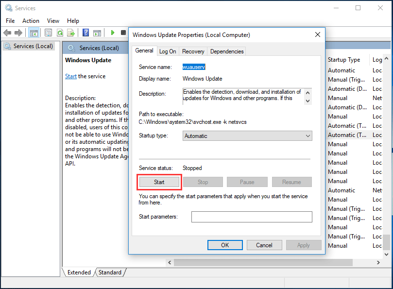 restart the Windows update service