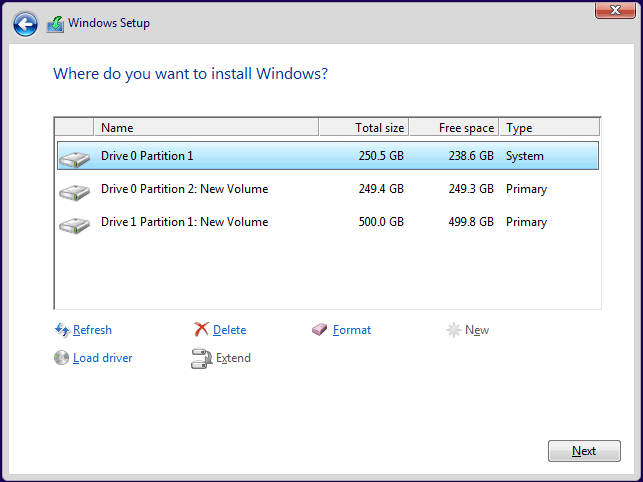 Windows setup where to install Windows