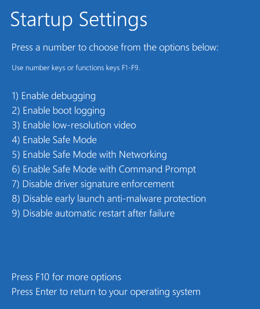 startup settings to enter safe mode