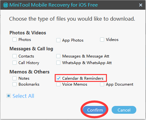 choose to only download Calender and Reminders