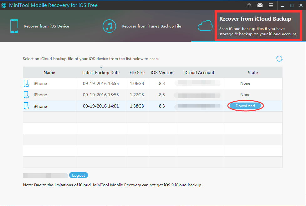 select the target iCloud backup file to download