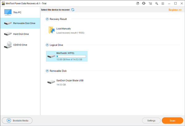 choose Removable Disk Drive to recover data from Android SD card