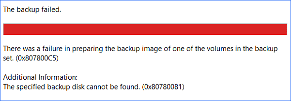 the specified backup disk cannot be found 0x807800C5