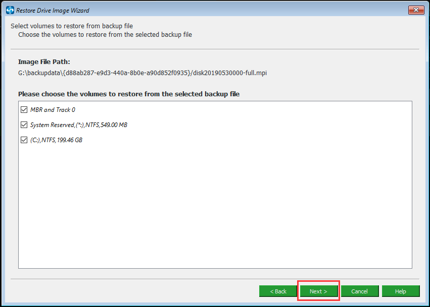 choose the partition from the selected backup files 