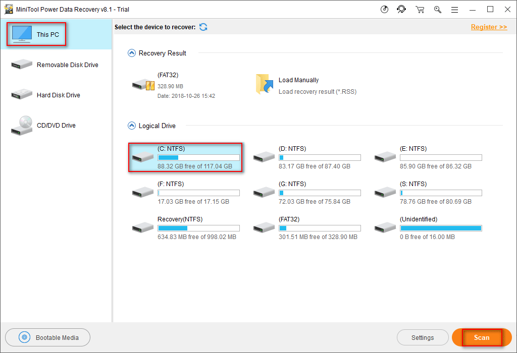You should do the following things to recover the Outlook files you have deleted: 1.Run MiniTool Power Data Recovery. 2.Choose “This PC” from the main interface. 3.Select the drive that contains the Outlook files (usually C drive, the OST file is saved here by default unless you’ve changed its location). 4.Press the “Scan” button. 5.At last, check all OST files found by the software and press the “Save” to recover them to a safe location (you shouldn’t save them to the original location). Click on the “OK” button to confirm. scan the drive containing OST files