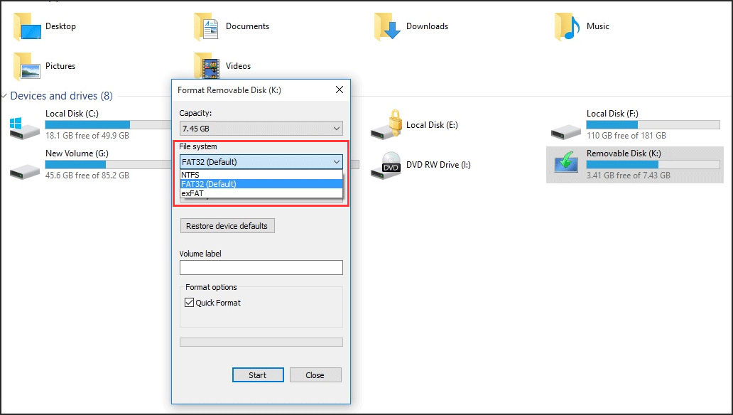 default formatted file system options in Windows