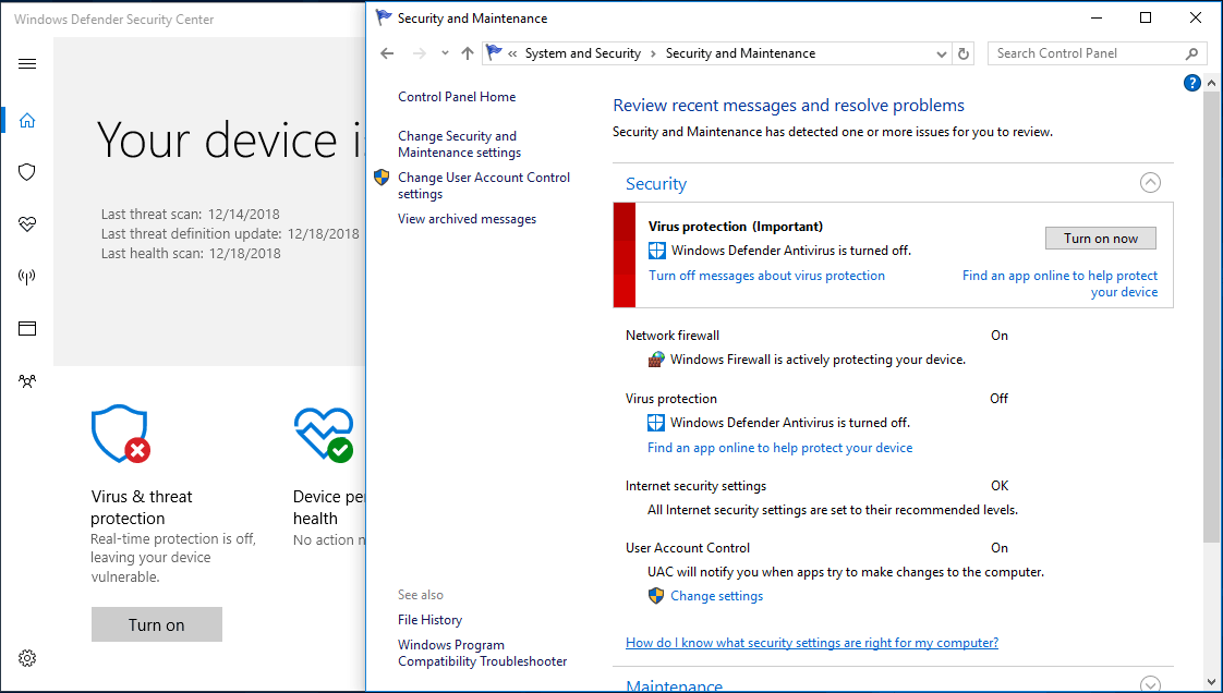 protección antivirus de Windows Defender y no encontrada