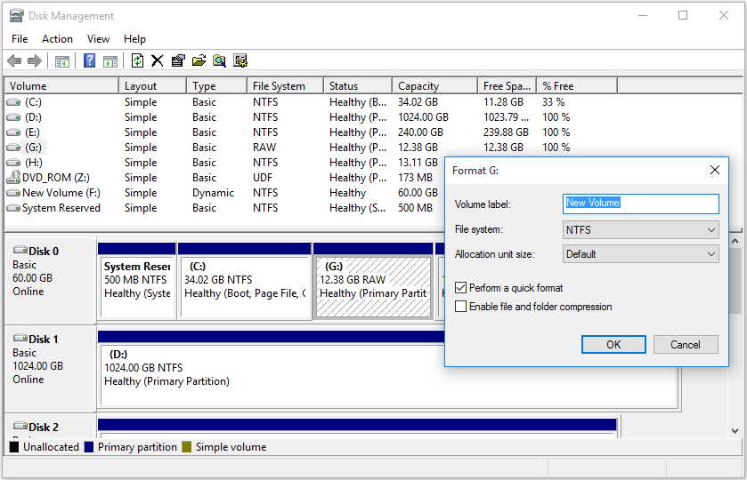 format RAW drive with Disk Management