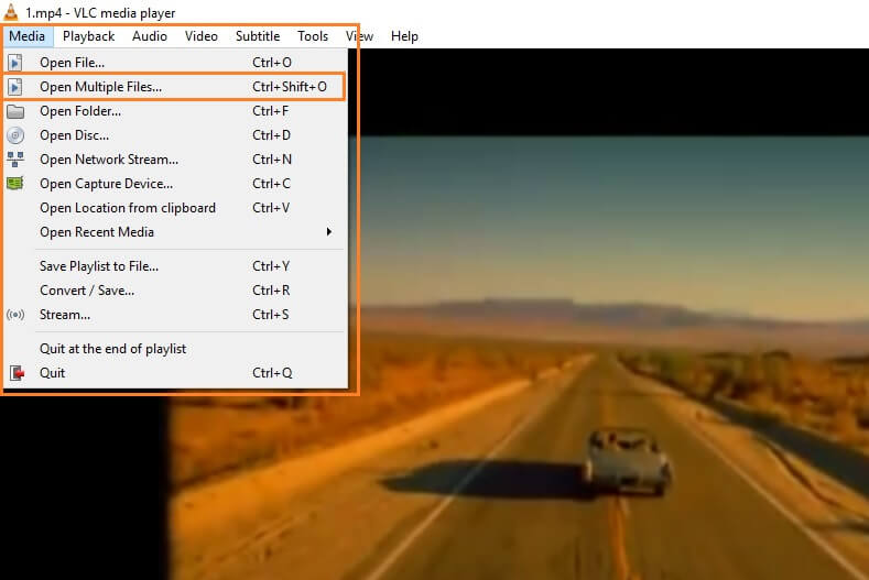 haga clic en Abrir varios archivos en VLC para combinar archivos de video