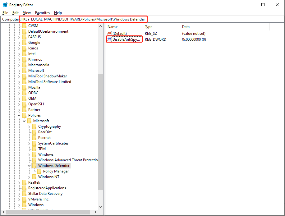 select DisableAntiSpyware key